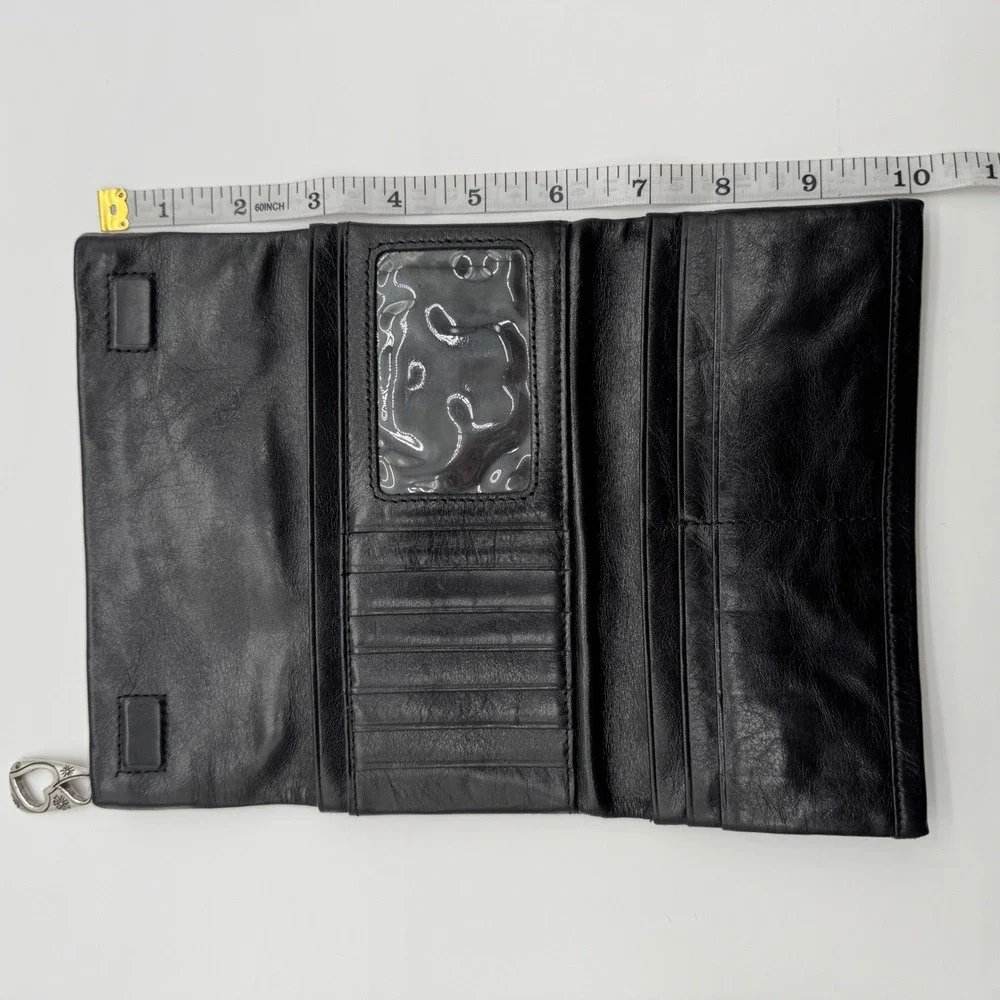 Brighton Black Leather Trifold Wallet Clutch‎ with Heart Charm Floral Detail
